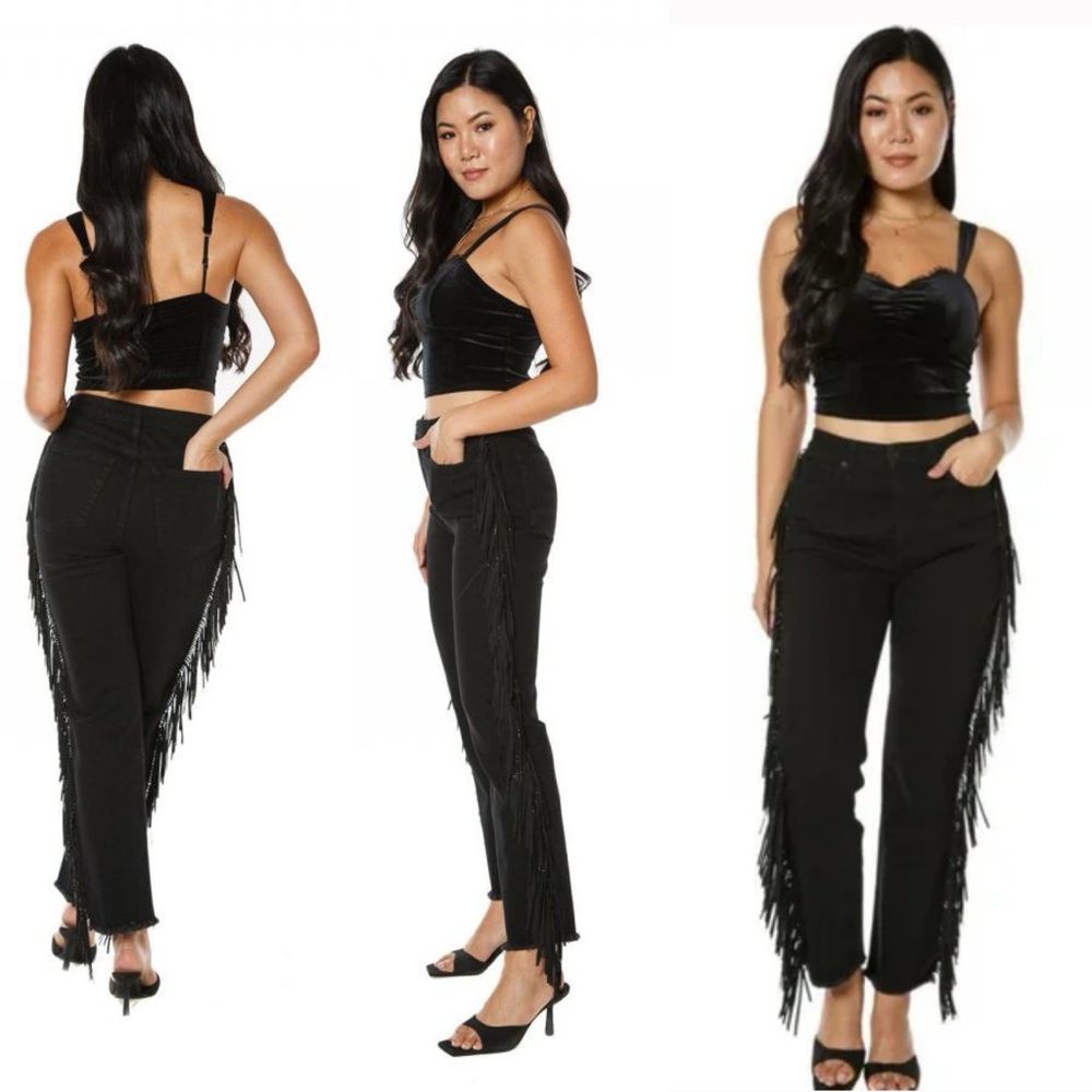Jeans | Womens Juicy Couture Venice Straight Leg Jeans With Fringe Black Wash